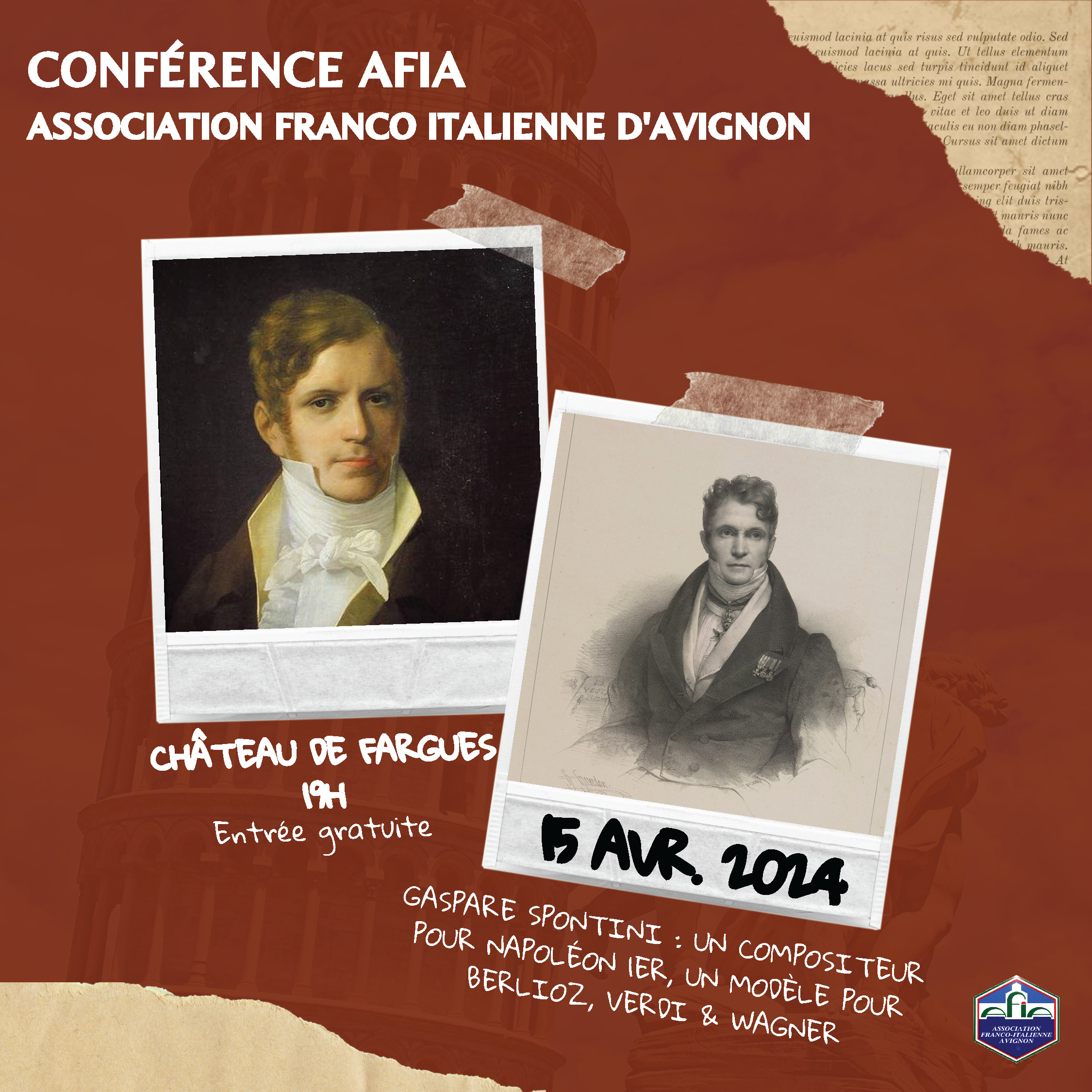 15 AVRIL // 19H : CONFERENCE AFIA - GASPARE SPONTINI : UN COMPOSITEUR POUR NAPOLEON 1ER, UN MODELE POUR BERLIOZ, VERDI & WAGNER (par Patrick Favre Tissot)